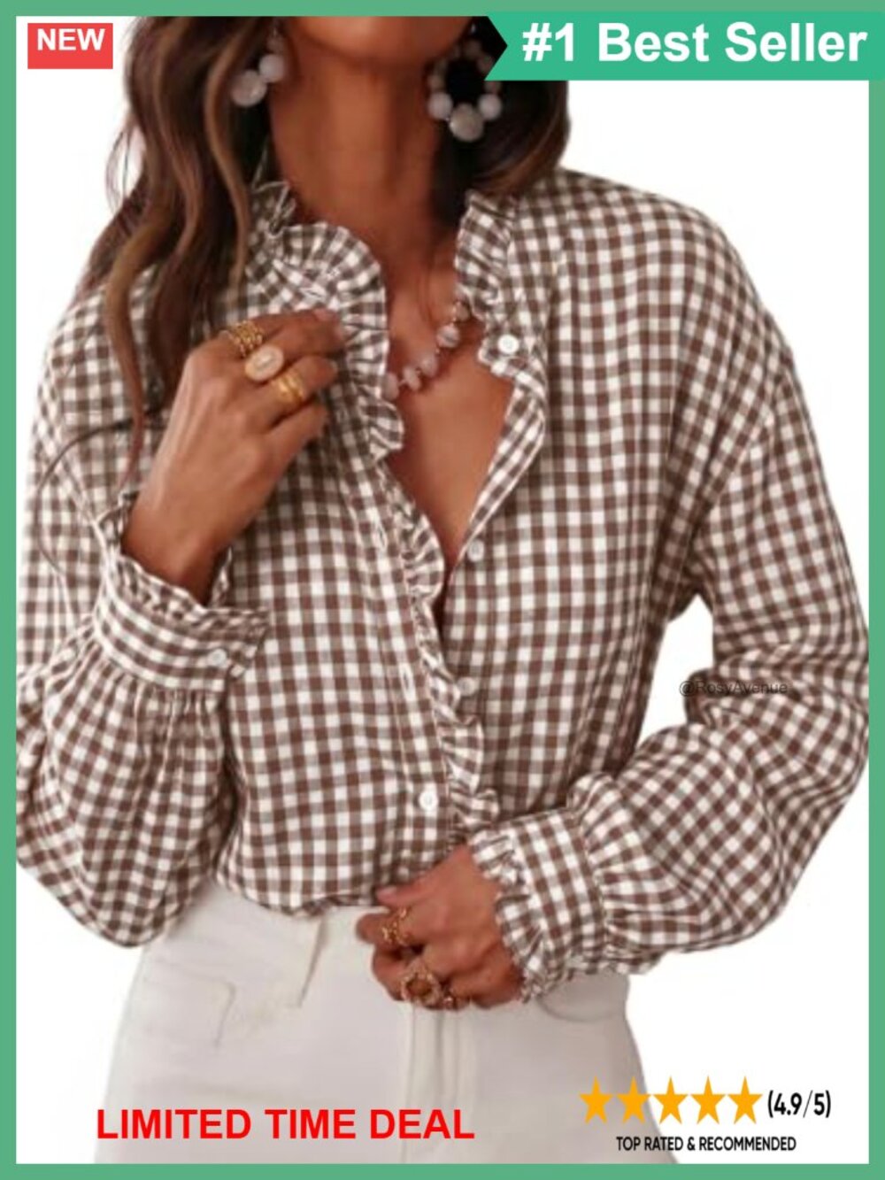 Plaid Gingham Ruffle Puff Long Sleeve V Neck Button Down Blouse
